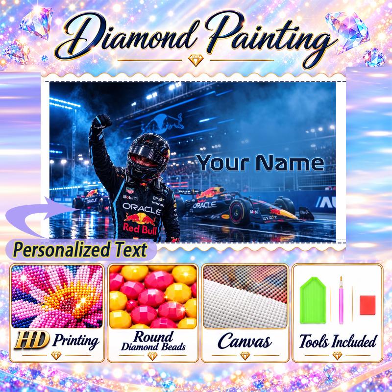 Max Verstappen 5D DIY Diamond Painting Custom Name Text, Full Drill Rhinestone Mosaic Art Home Gift