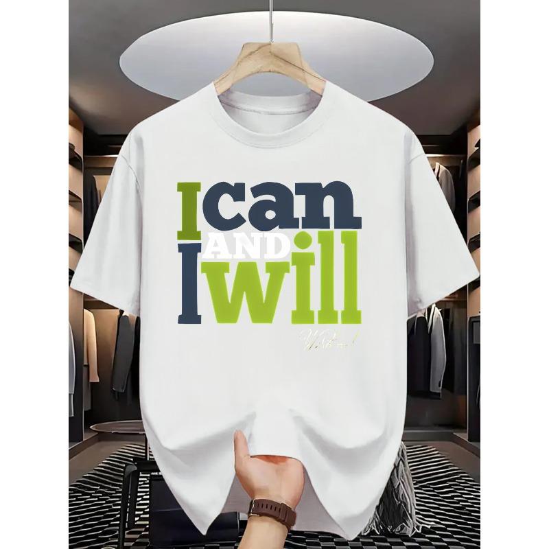 

European Size Men S Summer Casual Short Sleeve T-Shirt - I Can and Will Graphic Print, Soft Fabric, Round Neck, Light Pink with Green Accents 4XL білий