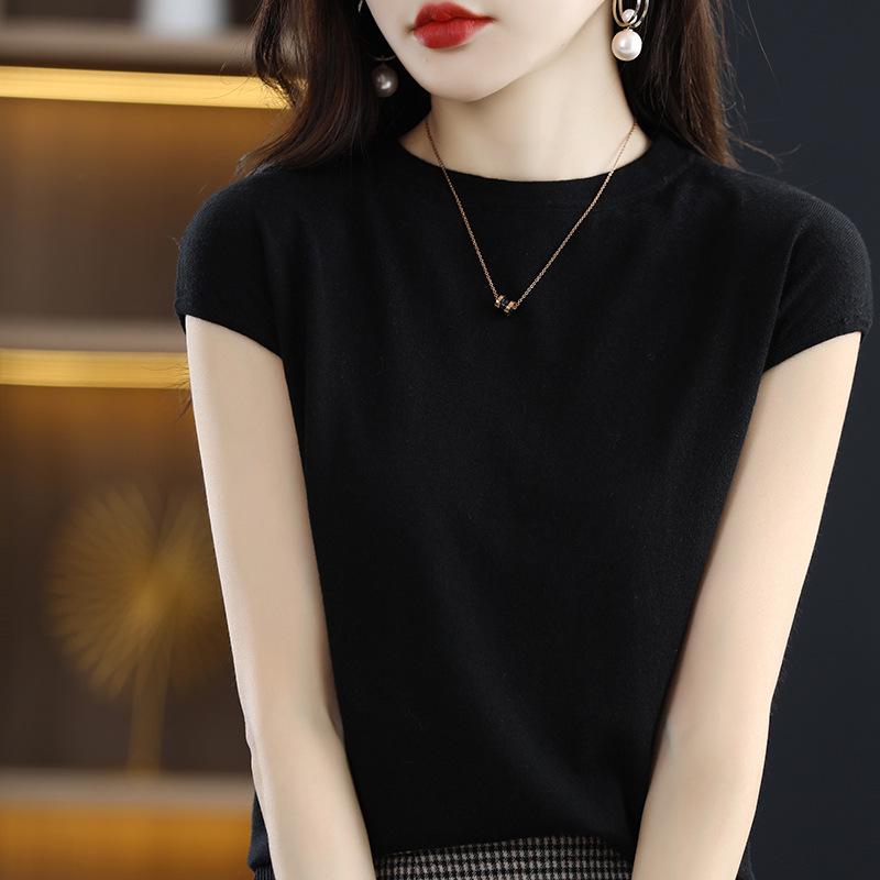 Dámský letní vlněný pletený top s krátkým rukávem a kulatým výstřihem