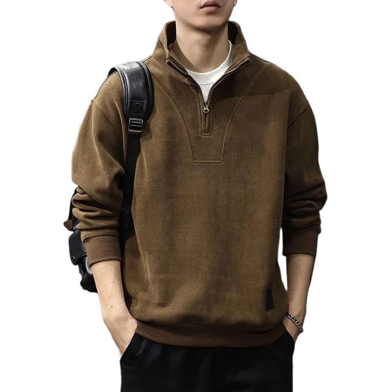 Men's Retro Fleece-Lined Patchwork Pullover: 2025 Autumn/Winter Stand Collar Polo with Half-Zip & Long Sleeves