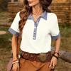 Women's Fashion Color Block Polo Shirt Button Front Short Sleeve Top Cotton Linen Blend Denim Trim Casual Blouse