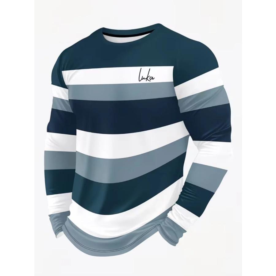 Vintage Men's Long Sleeve T-Shirt, Striped Printed Top, 3D Striped Print Loose Streetwear