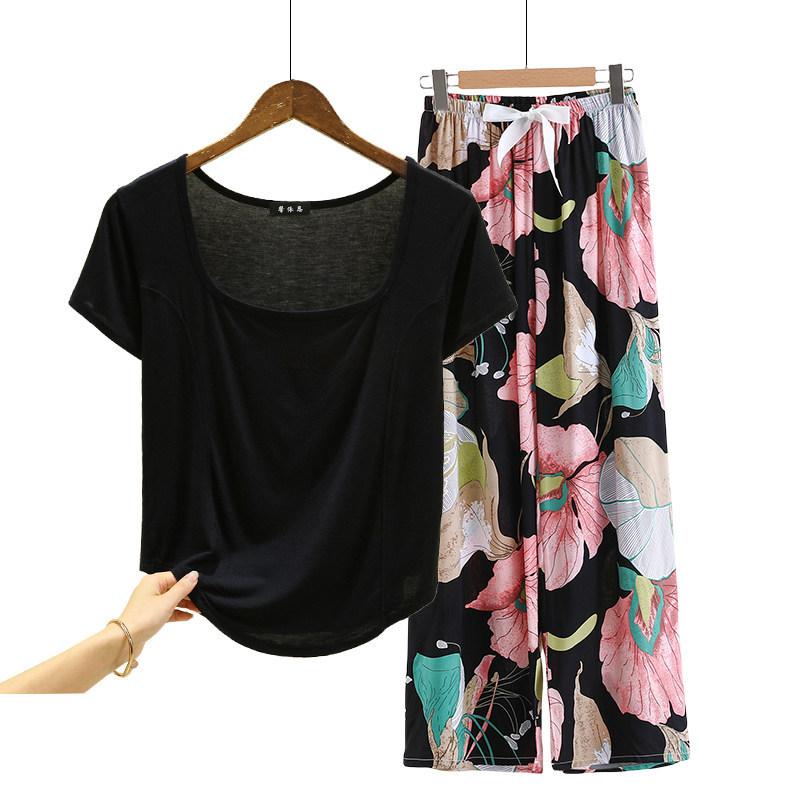 Fashion U Nek Tshirt and Floral Wide leg pants Summer fashion homewear 2pcs suit Loose Casual pajamas set comfort loungewear plus size