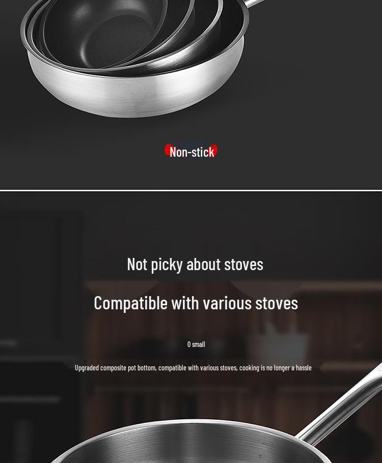 Non-Stick Stainless Steel Frying Pan with Composite Bottom for Eggs, Pancakes, and Steak - Single Handle, Induction Compatible.