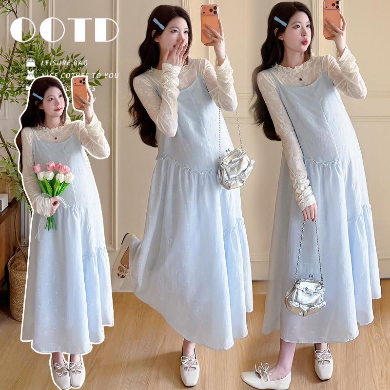 2026 Spring Maternity Set: Ruffled Print Bow Blouse + Korean Style Suspender Skirt M
