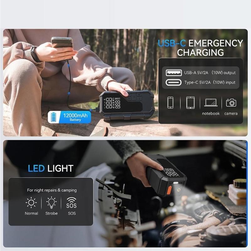 Portable Car Jump Starter with Air Compressor & LED LightJump Starter Power for 12V Vehicles Emergency Tire Inflation