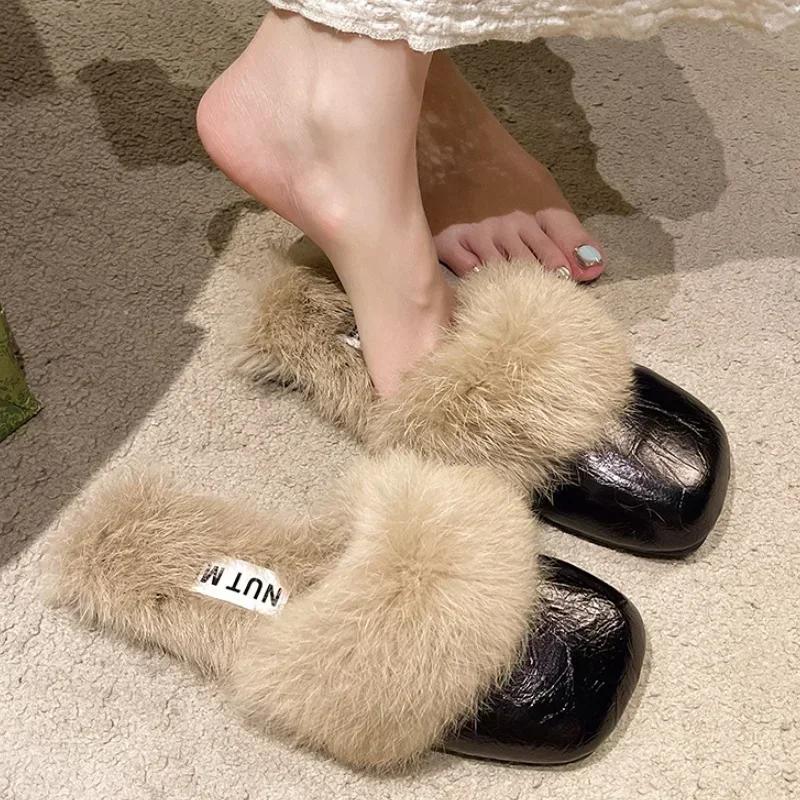 Mules Women Slippers 2025 Trend Fur Warm Soft Woman Shoes Square Toe Flats Casual House Cotton Shoes Winter Walking Cozy Boots