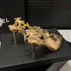 Fashion Golden Patent Leather Leaf High Heels for Women In Summer 2025, One-line Sandals with Thin Heels, Pointed Toe and Exposed Toe
