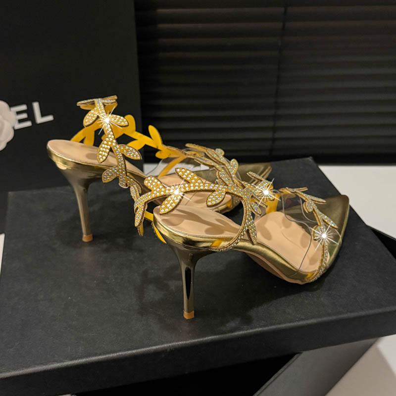 Fashion Golden Patent Leather Leaf High Heels for Women In Summer 2025, One-line Sandals with Thin Heels, Pointed Toe and Exposed Toe