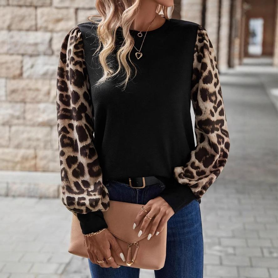 

YYFS женские модные повседневные весенне-осенние блузки и рубашки с круглым вырезом и длинными рукавами с леопардовым принтом XXL чёрный