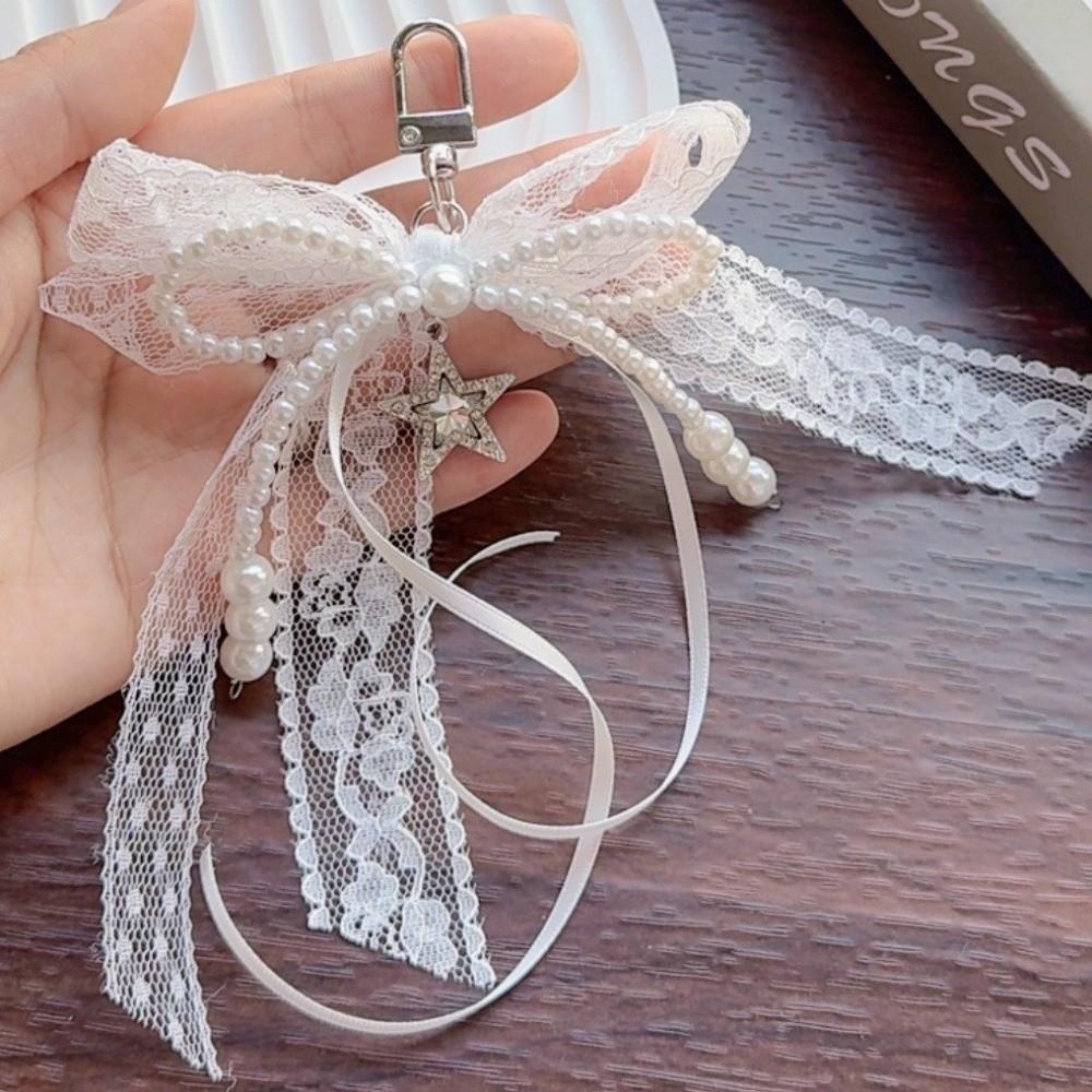 Red Ribbon Pendant Keychain Star Cherry Pendant Exquisite Lace Bow Keychain  Holiday Gift
