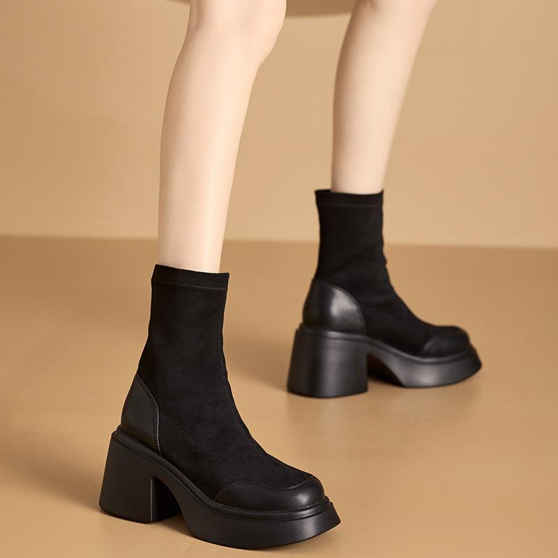 

thick-soled Martin boots short boots women s autumn and winter new elastic boots breathable versatile thin boots thick heel boots 40
