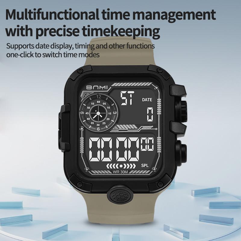 Square Military Digital Watch for Men Silicone Strap Multifunction Sports Electronic Wristwatch Outdoor Student Daily Watch