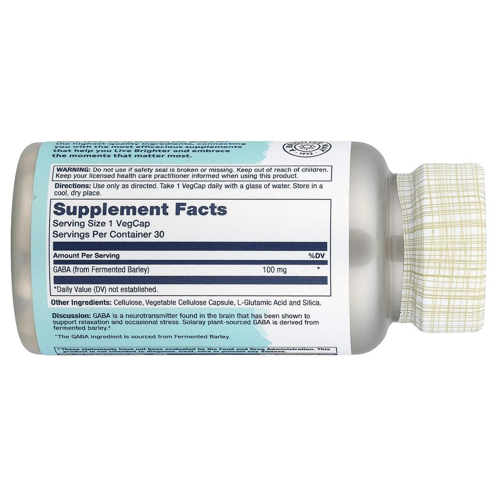 Solaray, Plant-Based GABA, 100 Mg, 30 Veggie Capsules