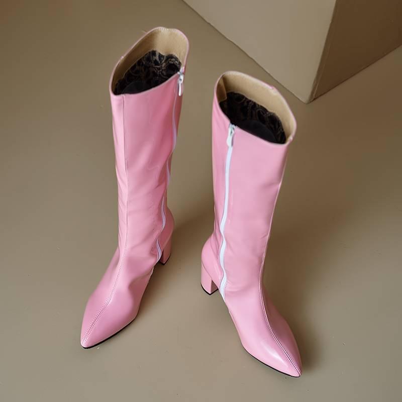 Korean Version of Pointed High-heeled Large-size Women's Boots, Comfortable Square-heeled Side Zipper Fashion Boots, New Patent Leather Red High Boots