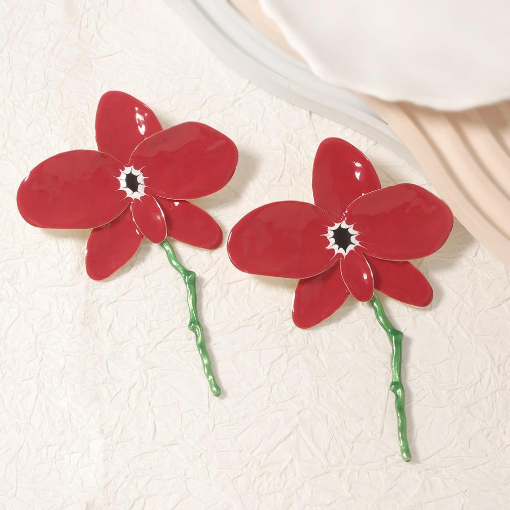 Exaggerated Red Metal Large Flower Drop Earrings for Women Ladies Europe and America Oil-Drop Enamel Petal Earrings Jewelry Gift