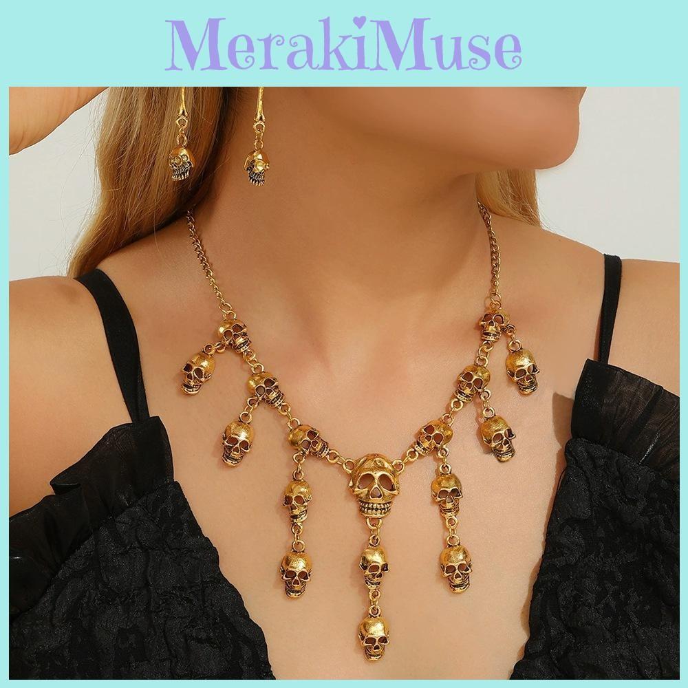 Skeleton Gothic Necklace And Earrings Set With Alloy Material For Halloween Festivities And Alternative Style