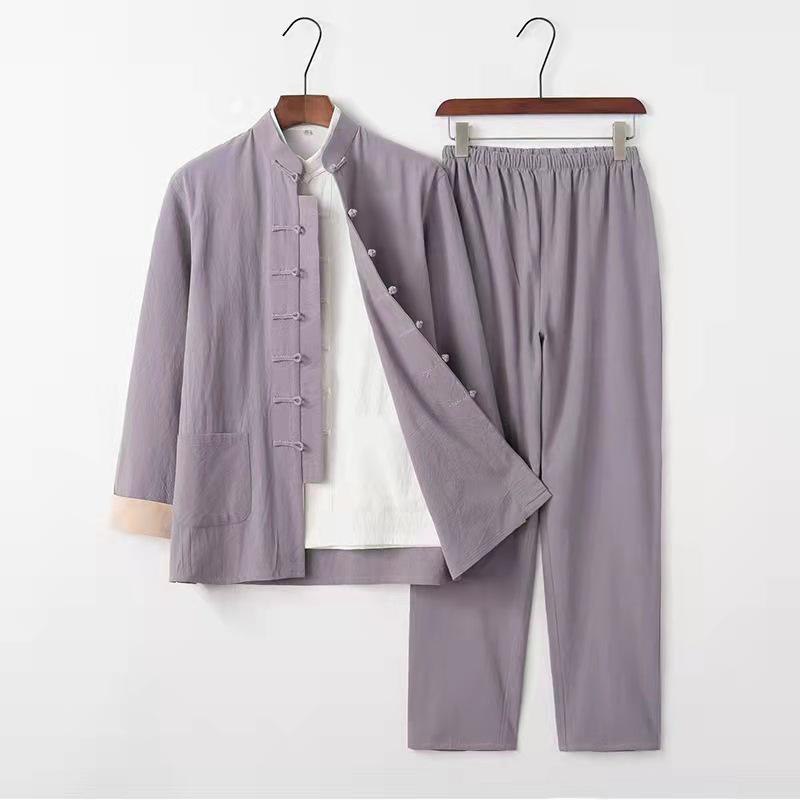 Men's Cotton Linen Three-Piece Tang Suit: Chinese Style Frog Button Hanfu, Retro Lay Buddhist Robe, Tea Attire