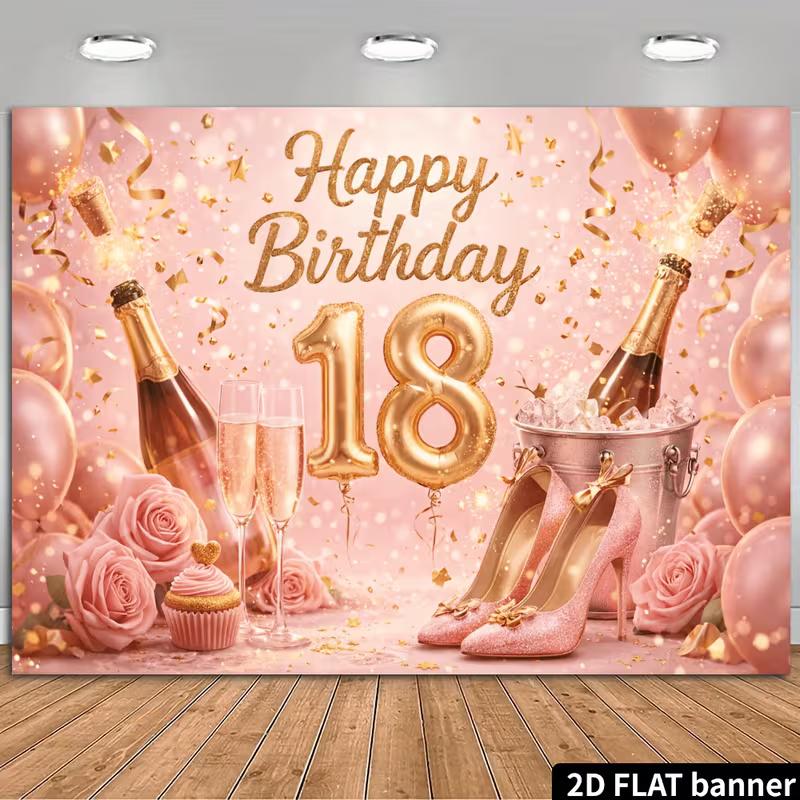 2D Pink Gold 18th Birthday Backdrop Photography Background