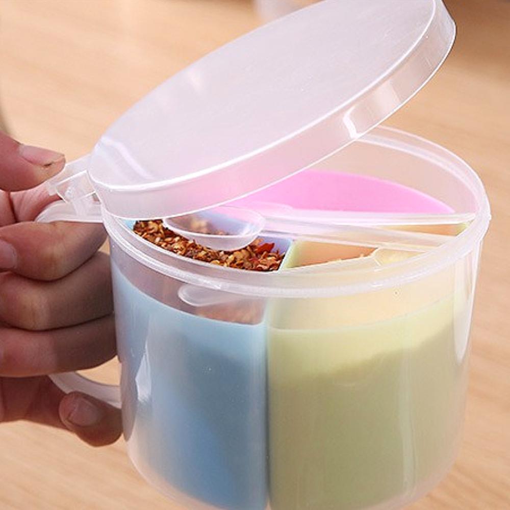 3-Grid Thickened Seasoning Box - Circular Grid Design Multi-Purpose  Kitchen Spice/Salt Storage Set with 3pcs Spoons Included