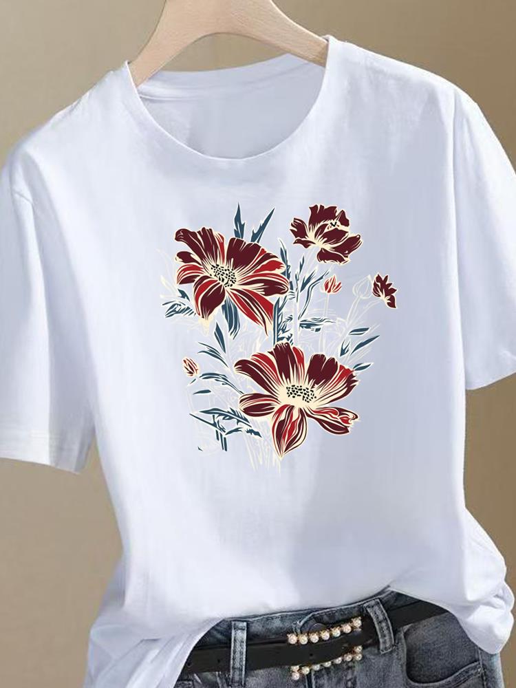 (Asian Size) Sweet Flower Style 90s Clothing Top Short Sleeve Graphic T-shirts Print Female T Shirt Woman Women Fashion Tee