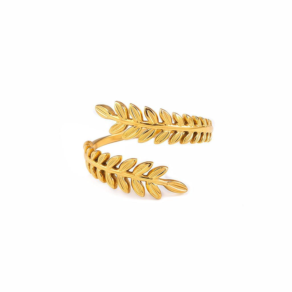 Anel Ajustável Moda Europeu-Americano Galho Folha Aço Inoxidável, Anel de Dedo Feminino Aço Titânio Banhado a Ouro 18K