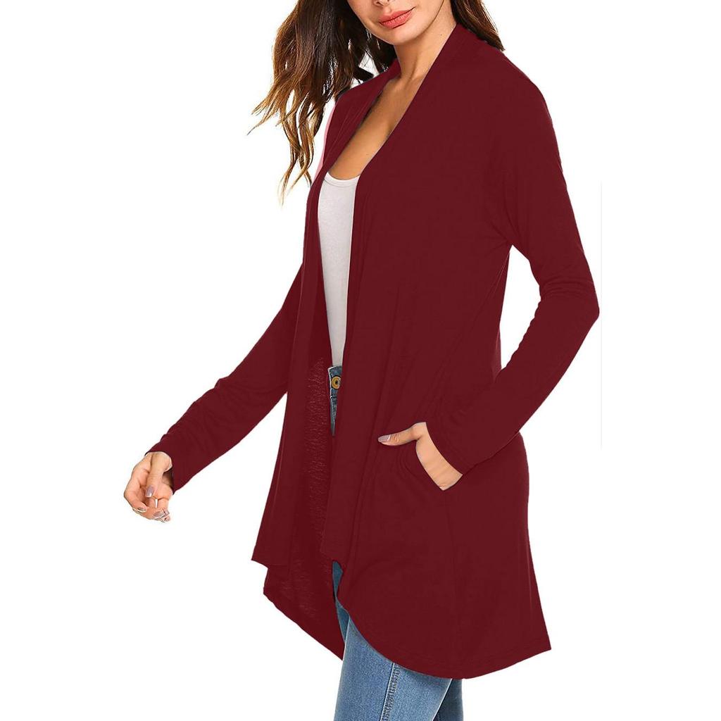 European and American Women's Knit Long Sleeve Solid Cardigan with Pockets - In Stock