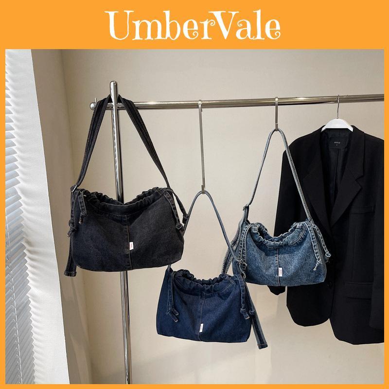 Large Capacity Denim Satchel Bag With Drawstring Closure And Simple Style For Commuting