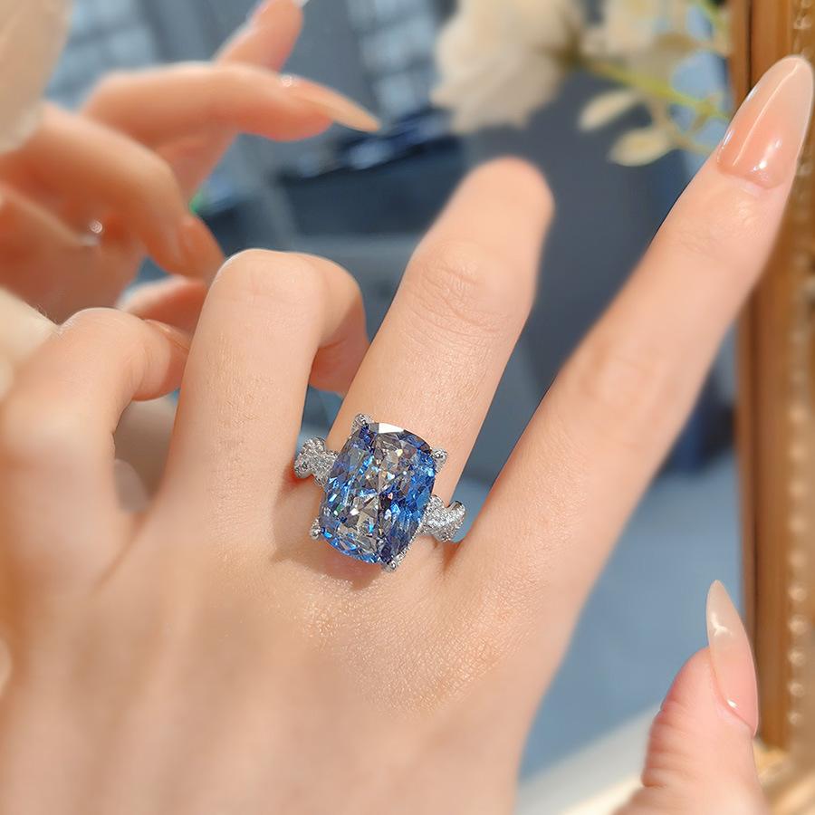 Heavy Industry Luxury Full Diamond Large Carat Ice Flower Cut Paraiba Ring High Carbon Diamond Tanzanian Blue Fat Rectangular Diamond Ring Women