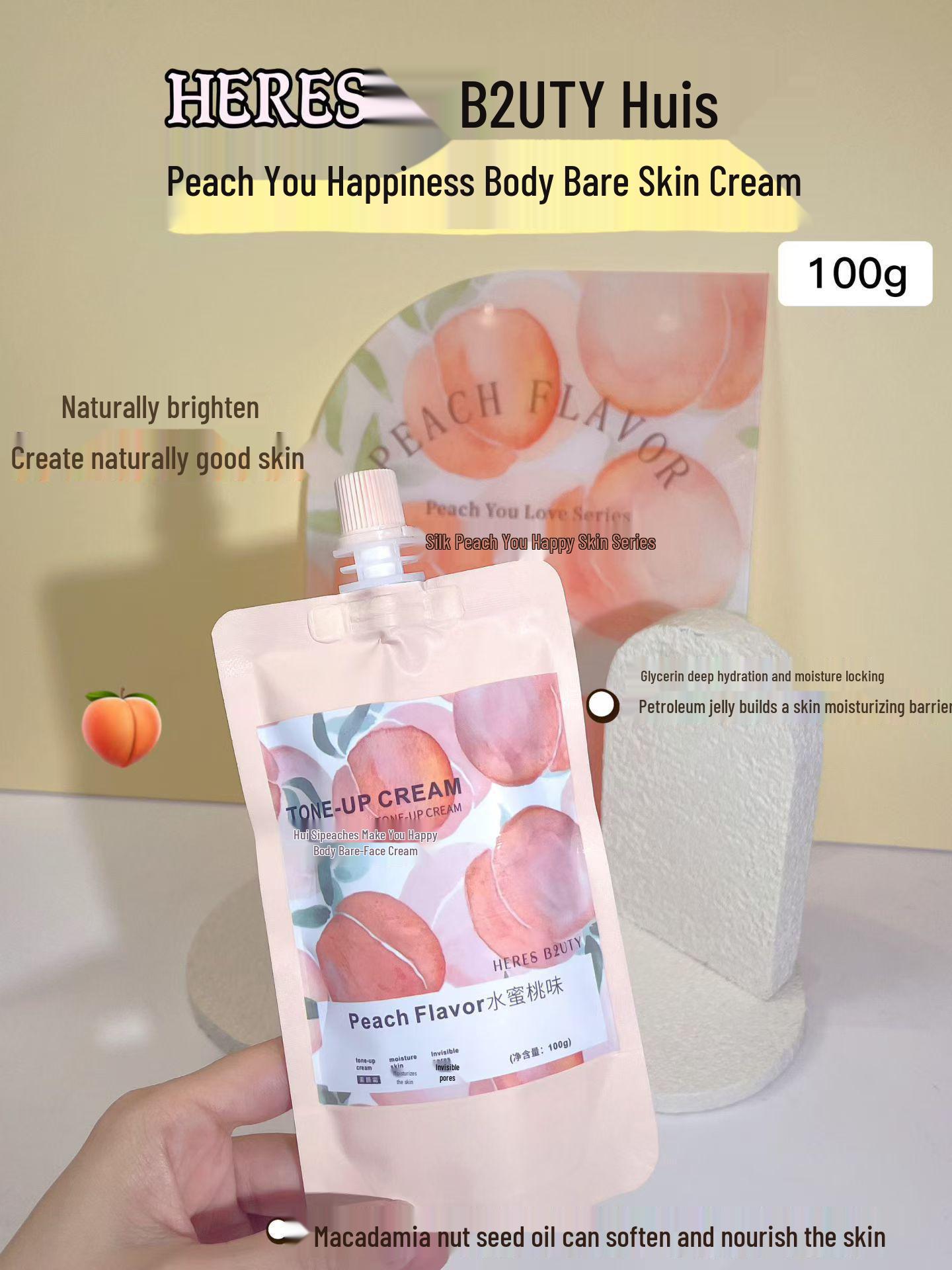 Hui Sitan Peach Happy Glow Bare Face Cream - Brightens & Enhances Natural Skin Tone for Effortless Nude Makeup. Peach Bare Face Cream 100G Pouch