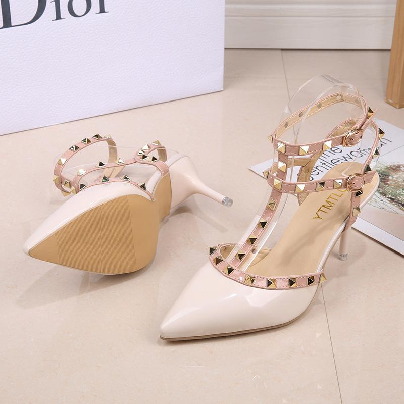 Fashion Women's Shoes Rivets Sandals Female Summer Thick with Fine with High-heeled Shoes Pointed Stiletto Sexy Nightclub Shoes
