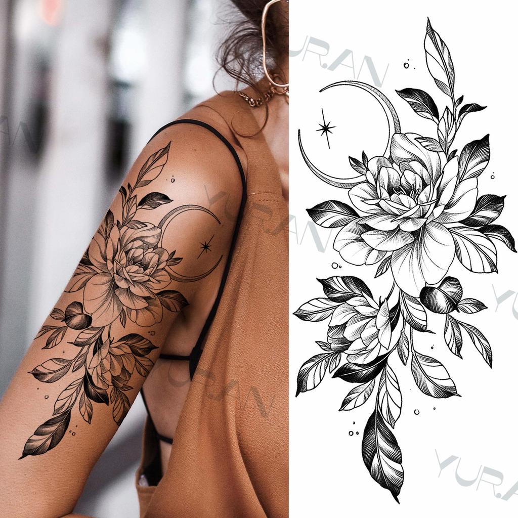 Zwarte Grote Slang Bloem Fake Tattoo Sticker Voor Vrouwen Dot Rose Pioen Tijdelijke Tattoos DIY Water Transfer Tatoos Meisjes