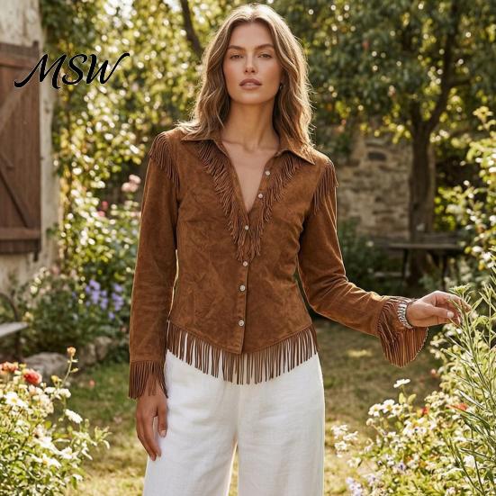 Western Cowgirl Outfit Women Tassel Shirt for Autumn, Button Down Slim Fit Fringe Elegant Date Night Shirts Blouse, Solid Color Casual Long