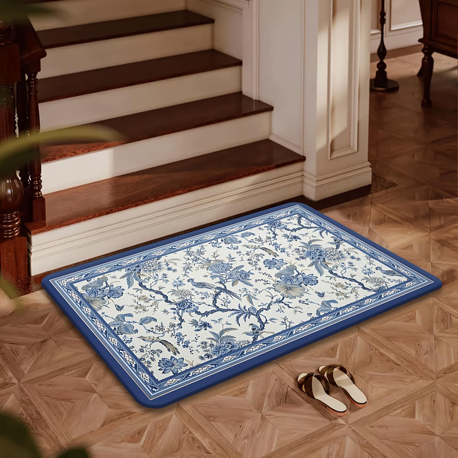 

Сине-белый восточный цветочный коврик для двери с птицами, нескользящий коврик для пола для кухни, прихожей и спальни, машинная стирка, декор для дома 40x60cm