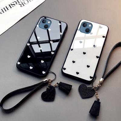 Love Heart Tempered Glass Phone Cover for iPhone 15 Pro Max 14 Plus 13 Pro 12 11 Pro Max Shockproof Hard Back Cover With Tassel Lanyard