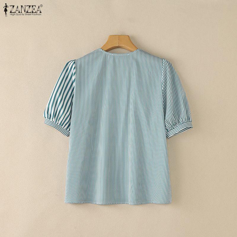 ZANZEA Women Casual V-Neck Loose Half Sleeve Stripe Blouse