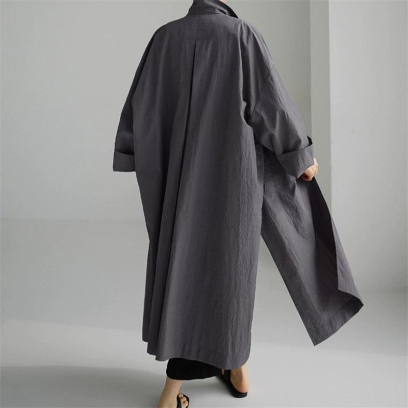 Printemps Automne Femmes Coton et Lin Chemises Robes Poches Fente Latérale Droite Décontracté Ample Robes Féminines