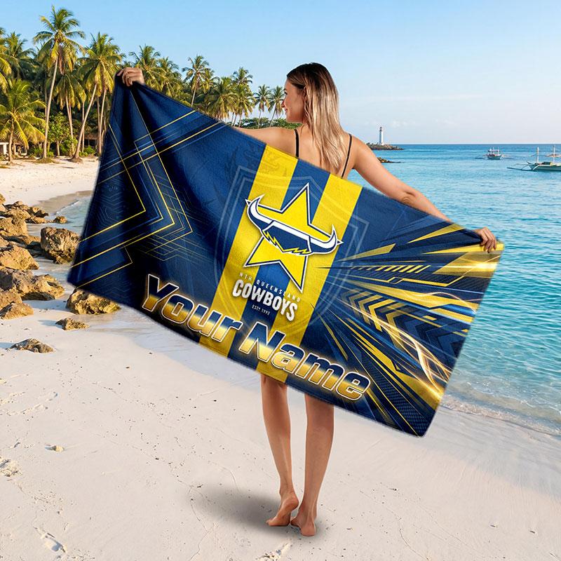 North Queensland Cowboys Customized Name Text Beach Towel, Soft Absorbent Towel Beach Pool Travel Personal Gift