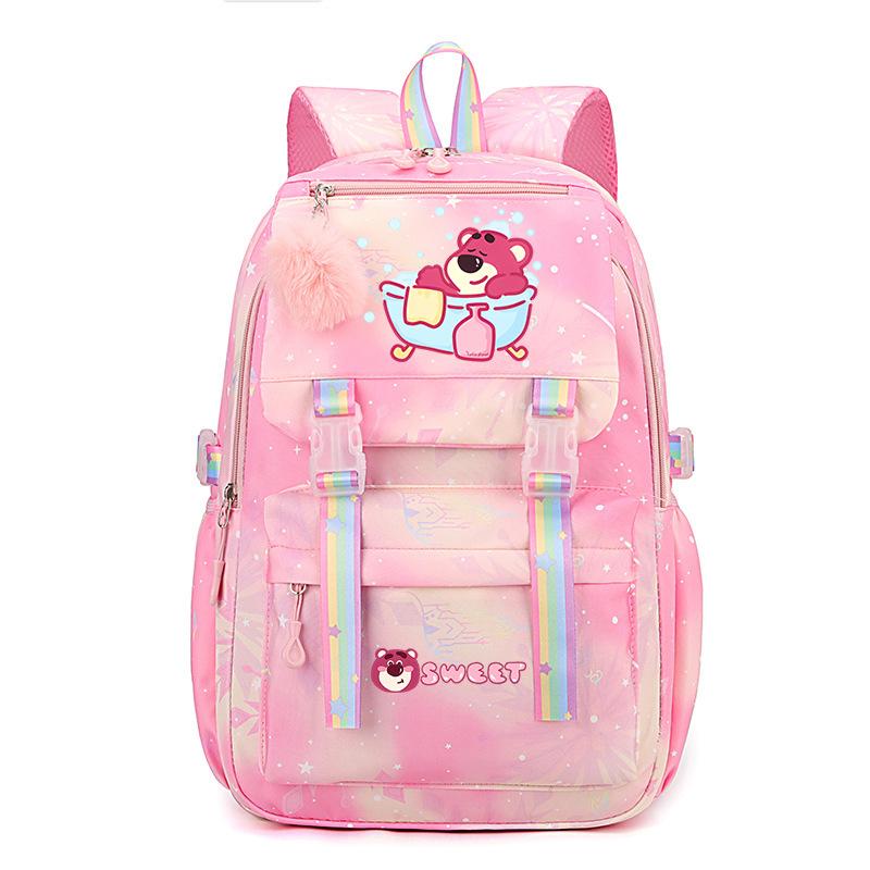 College Style Strawberry Bear Cute Cartoon Print Student Schoolbag Lightweight Ridge Protection Large Capacity