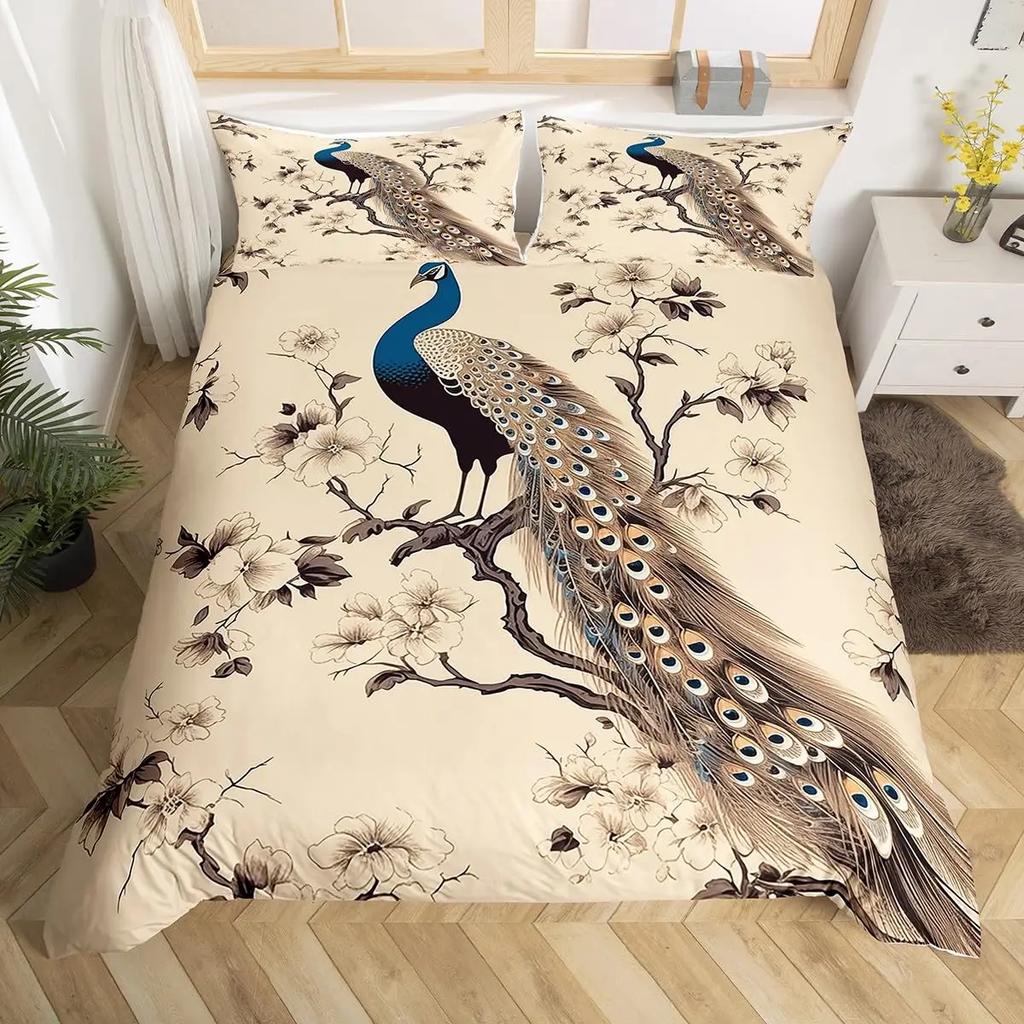 Peacock Duvet Cover Twin Full Queen King Chinese Style Peach Blossom Flowers Retro Bedding Set Wild Animal Print Comforter Cover