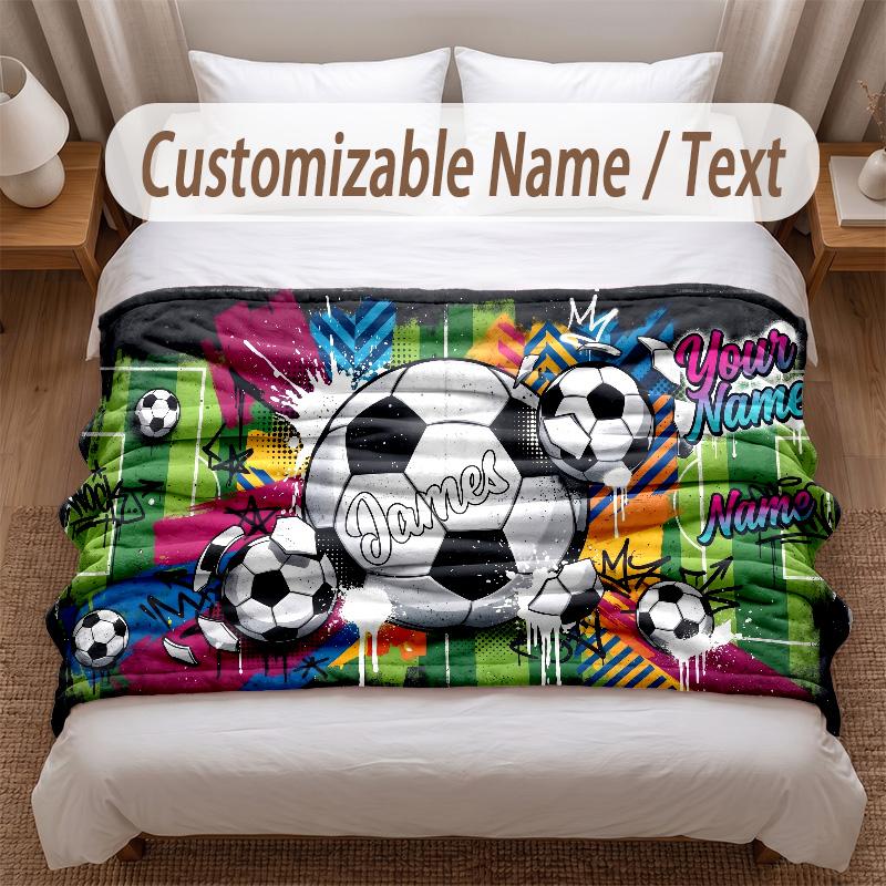 Soccer Theme Soft Blanket Personalized Custom Name Text Print Warm Blanket Home Sofa Bedroom Decor