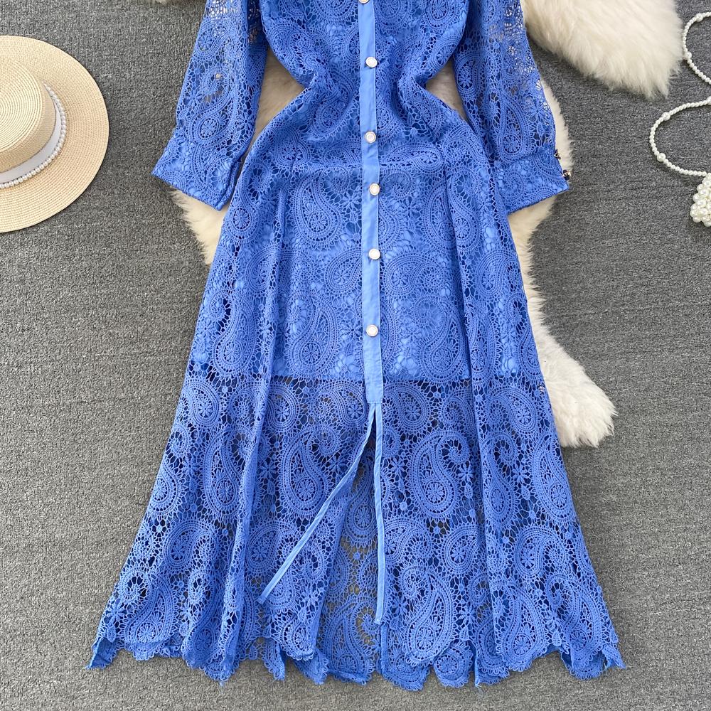 Летнее кружевное платье макси для женщин с длинным рукавом и цветочным ...