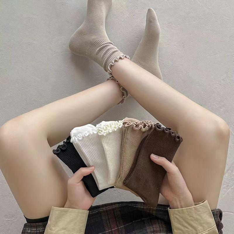 5/6 Pairs Women Anti Slip Lace Round Neck Socks Fashionable Lace Vertical Stripes Soft Comfortable Sweat Absorbing Casual Socks