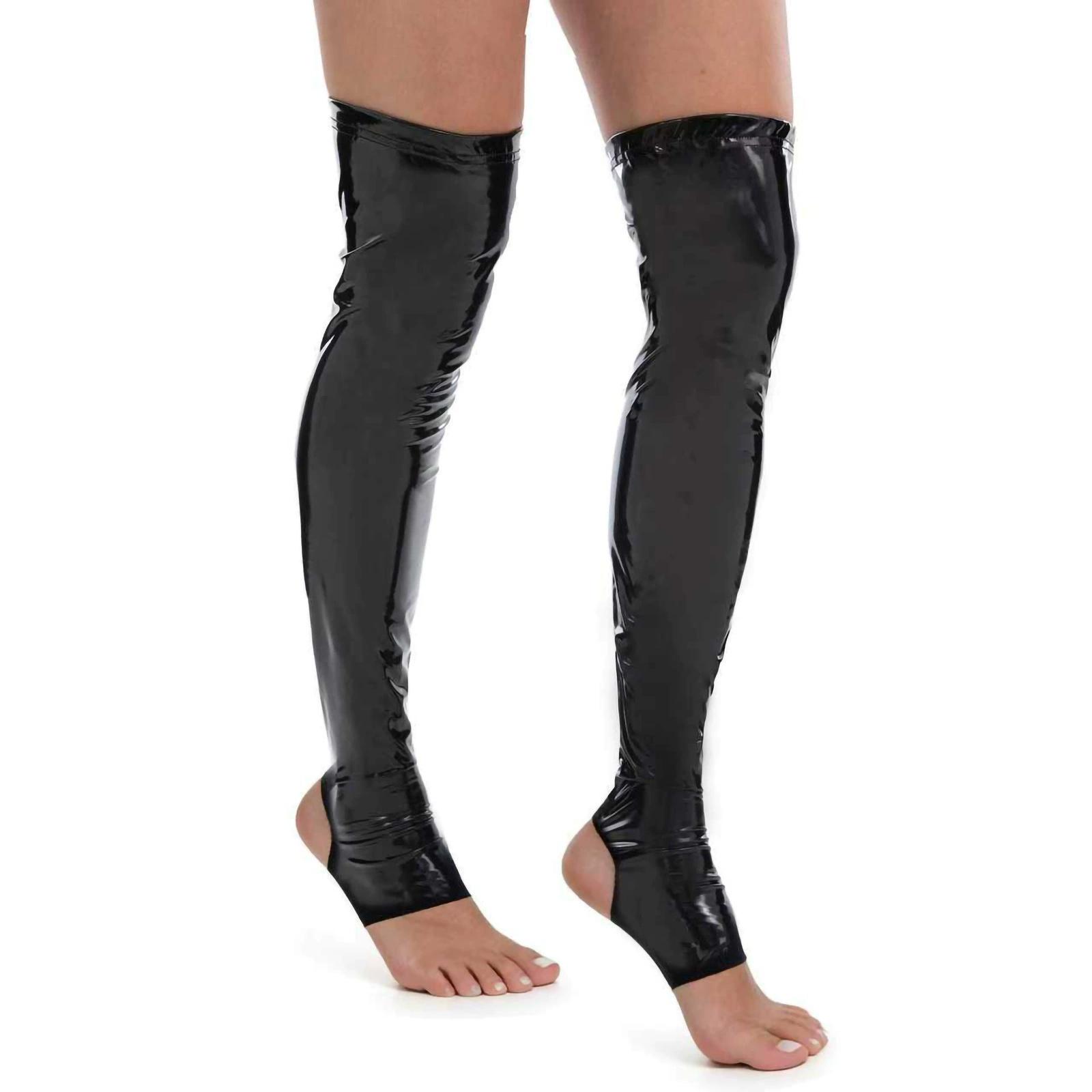 Punk Wetlook Strümpfe Sommer Mode Faux Latex Zehenlose Strümpfe Damen Öl Glänzend Pu Leder Party Tanz Oberschenkelhohe Beinbekleidung 1XL black