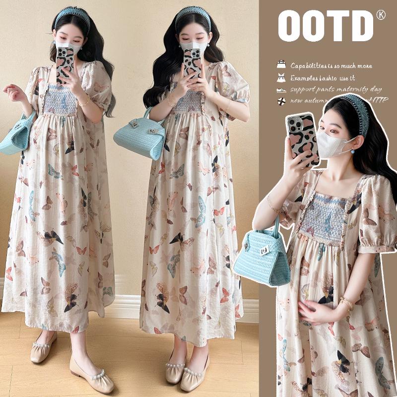 2026 Summer Korean Chiffon Puff Sleeve Maternity Dress Extra Large