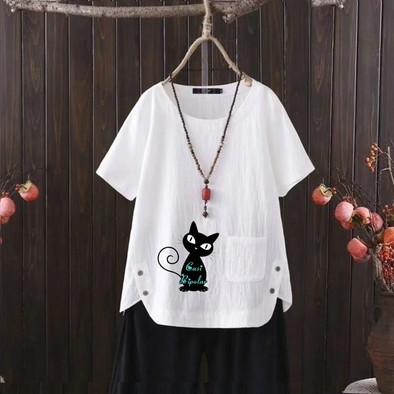 Women's Fashion Black Cat Prined Summer Casual Loose Short Sleeve T-shirt Summer Blouse Tops