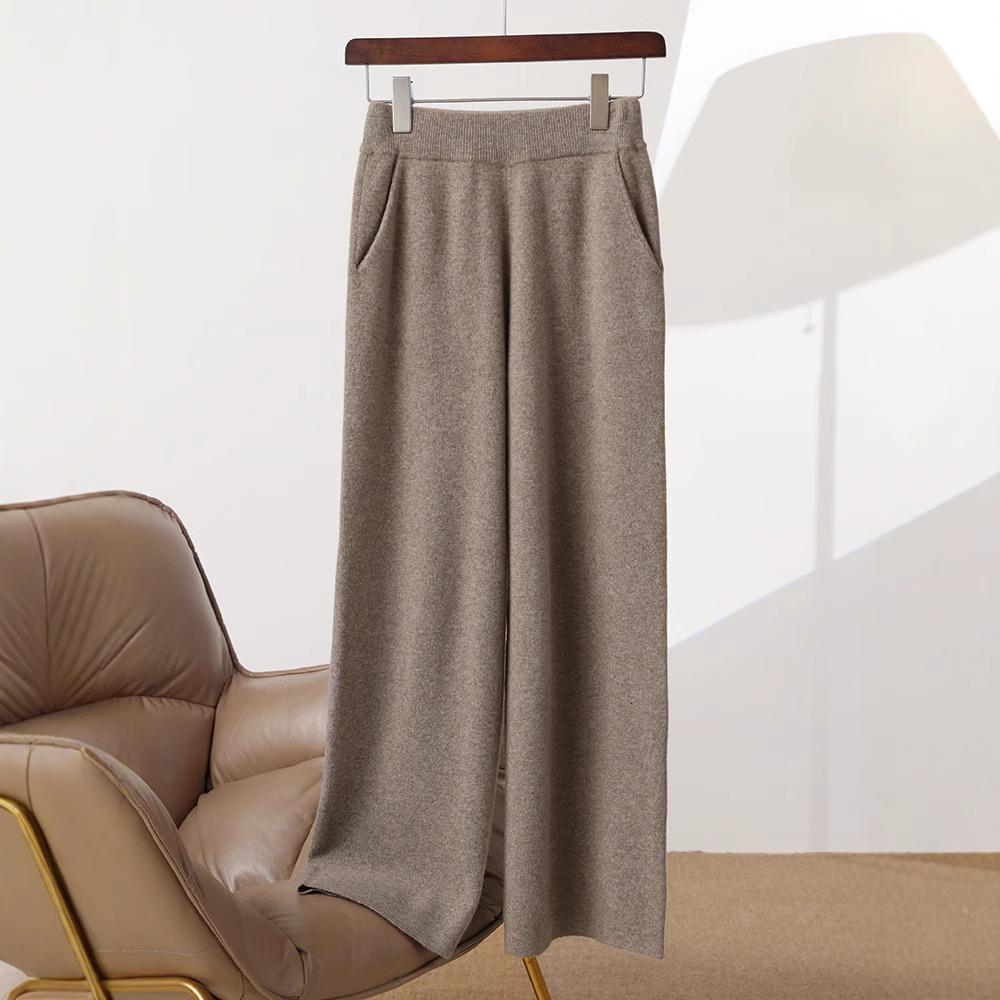 Dámské podzimní/zimní splývavé pletené kalhoty s vysokým pasem a širokými nohavicemi ze 100% vlny – Měkké, všestranné, ležérní, až na zem