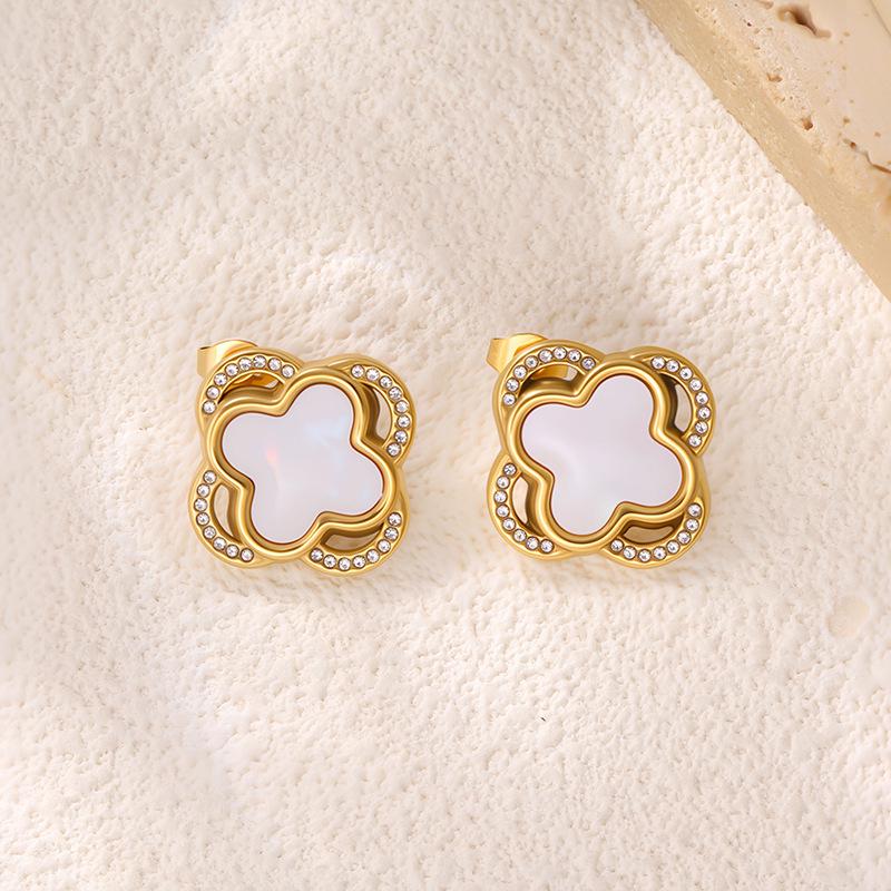 Exquisite Double-Layer Four-Leaf Clover Shell Titanium Steel Stud Earrings - Women's Non-Fading Jewelry