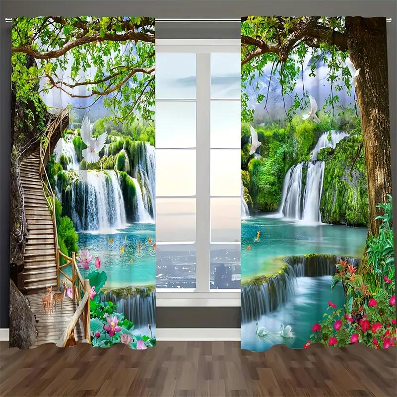 Set Of 2 Scenic Waterfall Floral Printed Curtains Designed Quality Material Ideal Nature Inspired Home Curtain With Semi Sheer Polyester