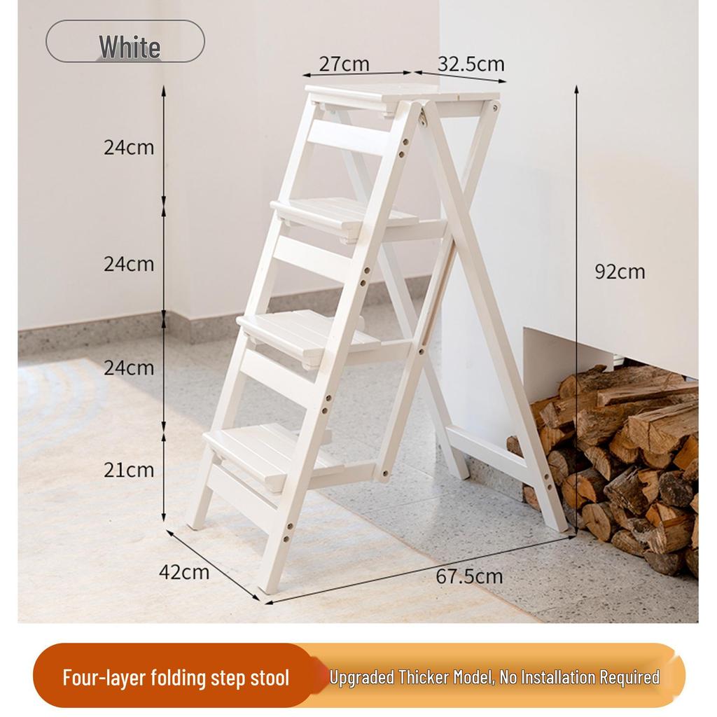 Solid Wood Foldable Ladder with Non-Slip Steps - Multi-Functional, Portable, Stackable, and Ideal for Household Climbing and Storage.